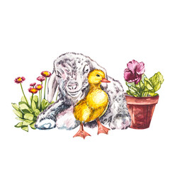 Duckling and goat watercolor illustration. Easter set. Hand painted card with traditional symbols isolated on white background.