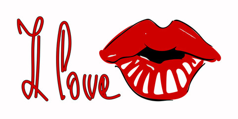Postcard with the words I love you and red lips. Vector illustration of lettering. Hand drawn icon and symbol for print, poster, sticker, card design. Doodle design elements. 
