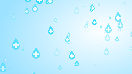 Medical health cross white on blue sanitizer drop pattern background.
