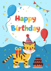 Obraz na płótnie Canvas Greeting card with tiger, gift and balloon. Ideal for print postcards, poster, cards and invitations. Jungle animals.