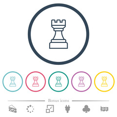 White chess rook flat color icons in round outlines