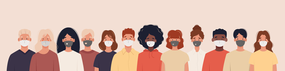 Group of people with different nationalities wearing medical masks to prevent disease, flu, air pollution, contaminated air, world pollution. Illustration in a flat style