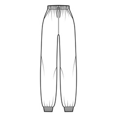 Sweatpants technical fashion illustration with elastic cuffs, normal waist, high rise, drawstrings. Flat knit training trousers apparel template front, white color. Women men unisex CAD mockup