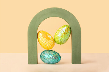 Soaring colorful eggs in the geometrical shape arch.Trendy isometric pastel background.Easter...