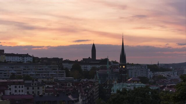 Sunset over the city Gothenburg, Sweden. Zoom out, Timelapse. 4K. 25p