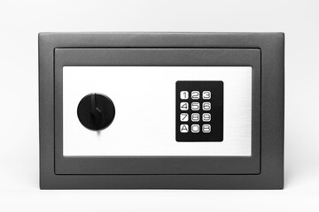 Close-up of security safe box on white background. Black and white photo.