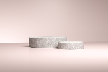Concrete cylinder shaped stand or pedestal for products. 3D rendering. Beige neutral background.