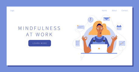 Businesswoman Meditate, Practicing Yoga at Workplace Sitting in front of laptop with calendar, clock, email, text message, documents on background. Office worker or freelancer relaxes landing page