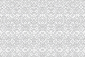 Geometric convex artistic volumetric 3D texture from an ethnic pattern in the style of the peoples of India. Embossed white background. Ornament for design and decor, wallpaper.