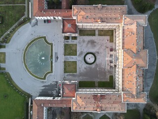 Aerial view of facade of the elegant Villa Reale in Monza, Lombardy, north Italy. Drone photography...