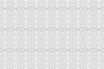 Geometric convex volumetric 3D texture from an ethnic pattern in the style of the peoples of India. Embossed white background. Openwork ornament for design and decor, wallpaper.