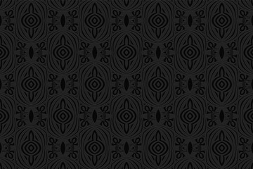 Geometric convex volumetric 3D texture from the ethnic figured pattern of the peoples of Africa. Embossed black background for design and decor, wallpaper, presentations.

