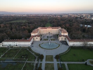 Aerial view of facade of the elegant Villa Reale in Monza, Lombardy, north Italy. Drone photography in Italy of the amazin Royal Palace of Monza.