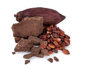 Cocoa pod and cocoa beans with chocolate pieces isolated on a white background. 