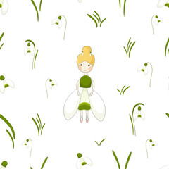 Seamless pattern with spring fairy and snowdrops flowers. Spring and floral texture with fairytail character. White and transparent backgrounds.