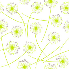 Dandelion blowing plant vector floral seamless pattern. Flowers with heart shaped petals.