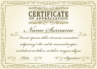 A4 size certificate of appreciation vector design with vintage style frame and swirl decoration elements. This retro certificate template can be used as coupon, award winner template and invitation.