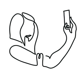 One line drawing of woman making selfie photo with smartphone.
One continuous line drawing of Woman taking a selfie.