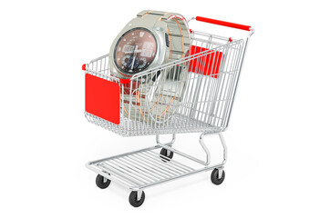 Shopping cart with analog digital watch. 3D rendering © alexlmx
