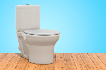 White toilet bowl on the wooden planks, 3D rendering