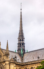 Notre Dame Cathedral, Paris, France. Notre Dame was built between 1163 and 1250 AD. Black Spire erected in the 1850's.
