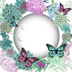 Beautiful floral frame with different flowers and succulents. Floral card with butterflies. Vector illustration