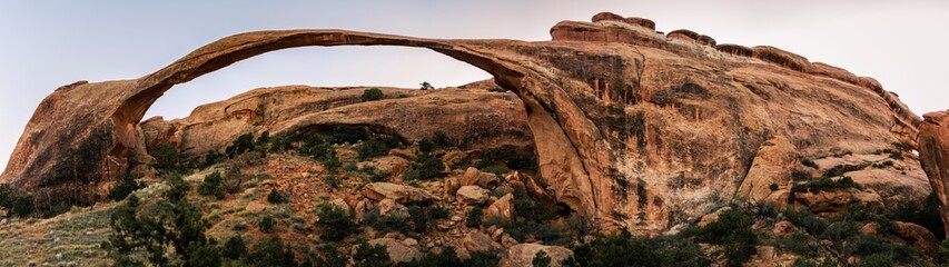 Wide shot of Landscape Arch from red sandstone in Arches national park in Utah, America