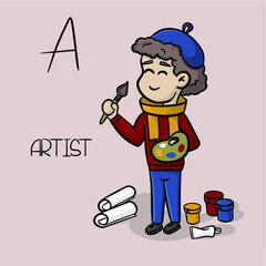 Profession on letter A. Vector cute man with professional atributes. Artist with brush