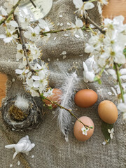 Natural Easter eggs, bunnies, feathers, nest and cherry blooming branch with petals on rustic linen