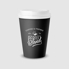 Vector 3d Realistic Black Paper Disposable Cup with White Lid Isolated on White Background. Typography Quote, Phrase about Coffee. Stock Vector Illustration. Design Template. Front View