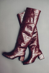 Over the knee boots, stylish burgundy reptile skin leather shoes for women. Female fashion. Footwear