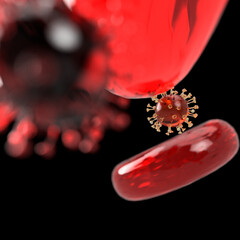 Coronavirus attacking red blood cell, mutant variant COVID 19 invading blood cell, accurate size representation, virus 3d render