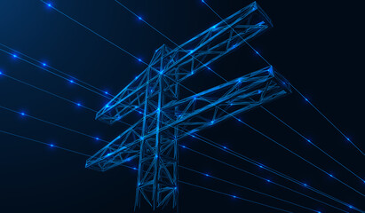 High-voltage power line. The tower with its lines of electric current. A low-poly construction of lines and dots. Blue background. - obrazy, fototapety, plakaty