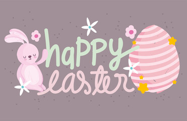 happy easter cute rabbit and egg with flowers card