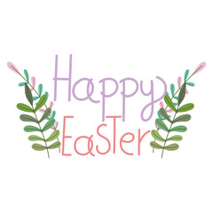 happy easter handwritten text and foliage decoration isolated white background