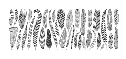 Hand drawn rustic ethnic decorative feathers. Tribal bird feathers collection. Vector ink illustration isolated on white background. Black and white geometric ornament, graphic design element. © Anastasiia Hevko