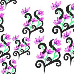 Obraz na płótnie Canvas pattern of black wave lines with purple flowers and green leaves. Seamless watercolor pattern isolated on a white background. 
