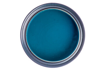 Opened can of blue paint view from above on white background