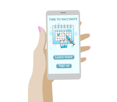 Online appointment for vaccination. Female hand hold telephone, calendar, syringe, bottle with vaccine, virus, text. Vector illustration in cartoon style.