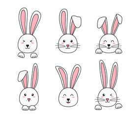 Easter bunny vector icon set, happy rabbits, cute hand drawn characters,. Cartoon animal face. Funny illustration