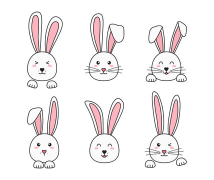 Easter bunny vector icon set, happy rabbits, cute hand drawn characters,. Cartoon animal face. Funny illustration