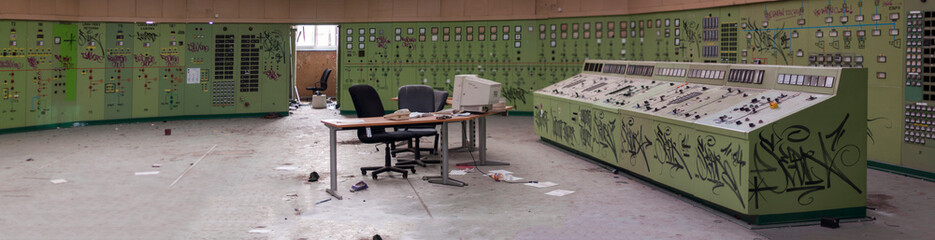 Blue cooling tower in abandoned power plant EC2