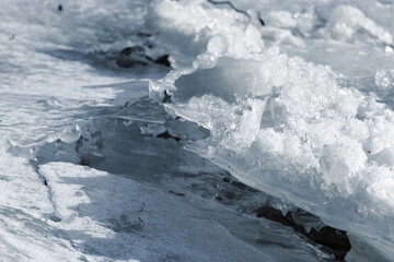 melting ice, river in winter