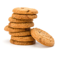 Stacked Chocolate chip cookies isolated on white background. Sweet biscuits. Homemade pastry.