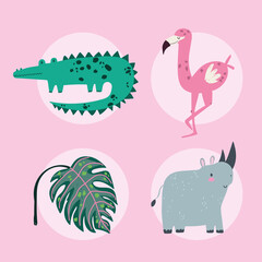 cartoon jungle animals crocodile rhino leaf and flamingo