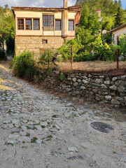 Typical street and houses in historical town of Melnik, Bulgaria