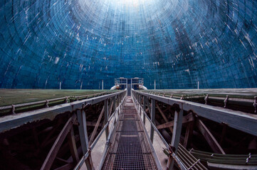 Blue cooling tower in abandoned power plant EC2