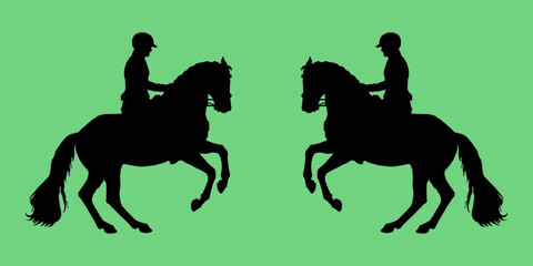 black silhouettes on a green background, dressage, two riders facing each other. black isolated silhouette 