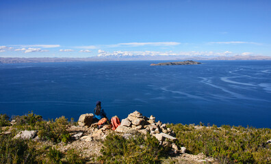 Naklejka premium View of the entire Cordillera Real across Lake Titicaca, Isla del Sol, Bolivia