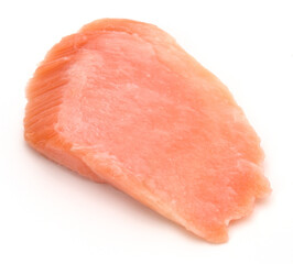 smoked salmon segments isolated on white background cutout. Prepared fish fillet fibres.